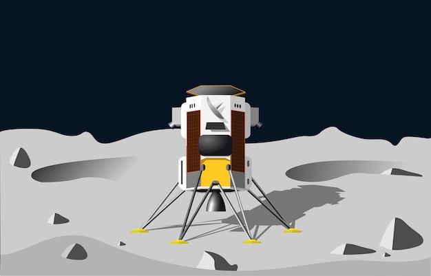 Vector lunar lander landing on a gray cratered landscape of the moon vector illustration