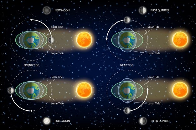 Vector lunar and solar tides diagram vector illustration