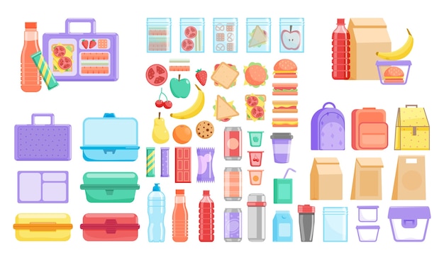 Lunch box. School or office lunch box and fruit, vegetable, hamburger fast food packed meal and bottled drink product item set.  plastic container, textile and disposable paper bag illustration