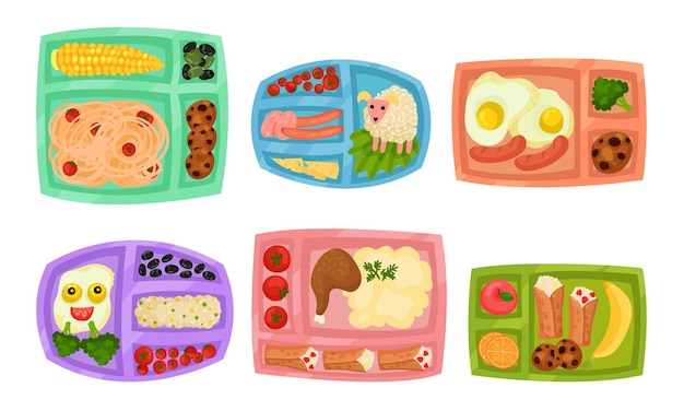 Vector lunch box with different food inside vector set top viewed containers with meal collection