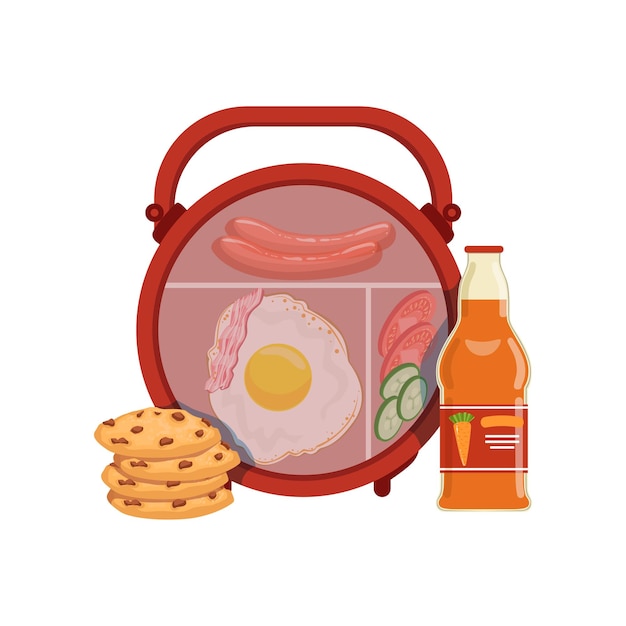 Lunch box with egg sausage vegetables cookie and bottle of juice healthy food for kids and students vector Illustration isolated on a white background