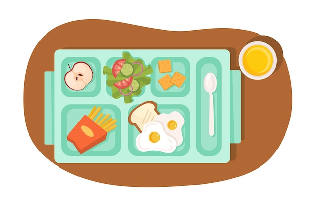 Lunch food top view concept Plastic blue tray with french fries toast with eggs salad with tomatoes and apple with cookies Prepared eating at table Cartoon flat vector illustration