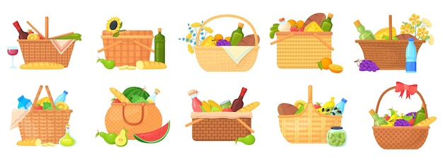 Vector lunch hamper picnic party basket with food wine wicker box breakfast on floor blanket outdoor mand bag tasty gift snack straw baskets sandwich cartoon isolated neat vector