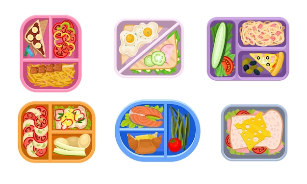 Vector lunchbox containers set with bright content view from above lunch concepts tasty snack in plastic boxes to eat during break