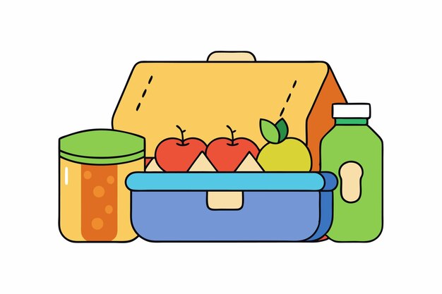 Lunchbox Essentials Sandwiches Fruits and Juice Boxes Vector Illustration Cartoon Clipart