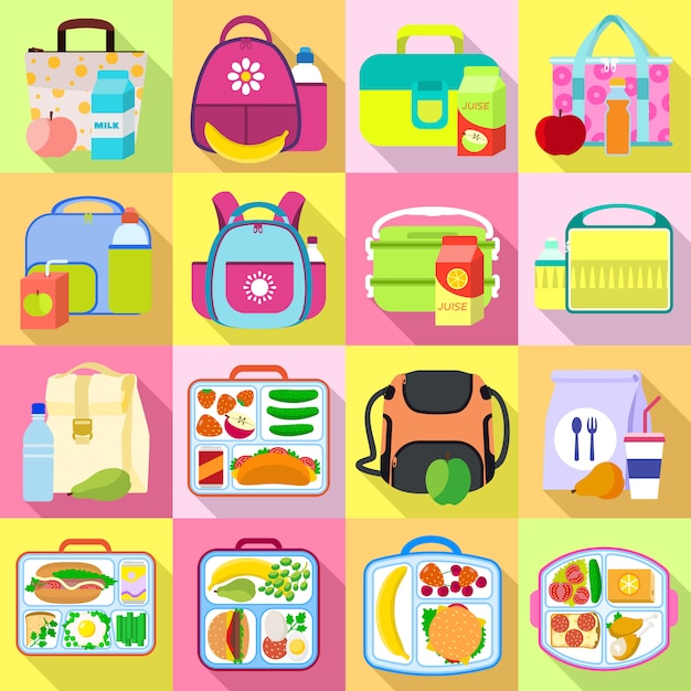 Lunchbox icons set. Flat set of lunchbox vector