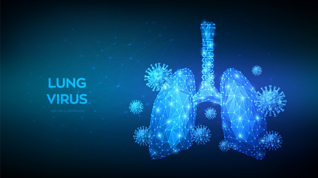 Lung virus. Abstract low polygonal Covid-19 virus cells in human lungs. Infected Coronavirus 2019-nCov lungs medical concept.