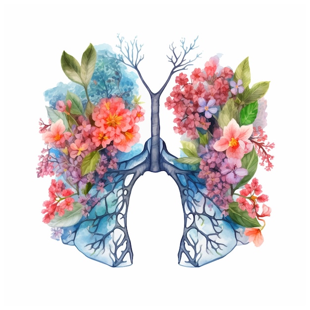 Lungs surrounded by flowers watercolor paint