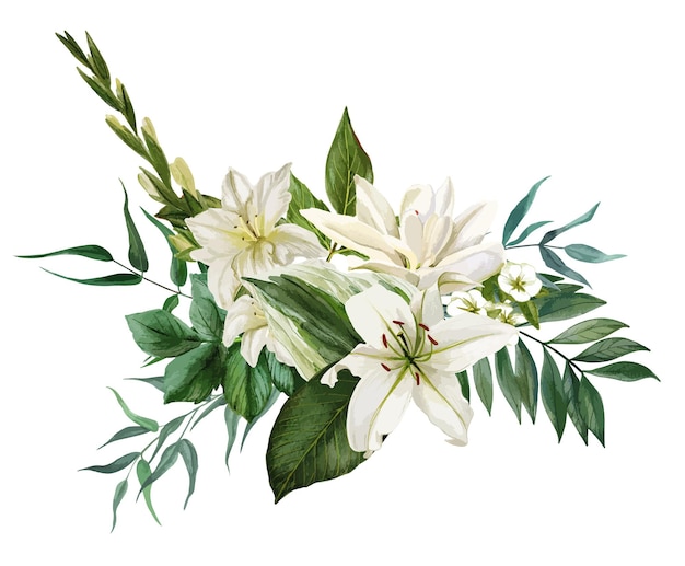 Lush bouquet composed of white flowers and greenery