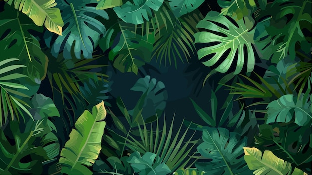 Vector lush green tropical leaves horizontal background for design projects