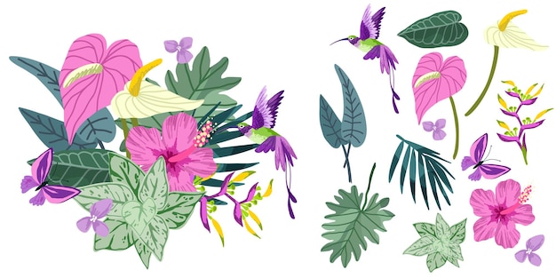 Lush tropical bouquet flowers and leaves vector