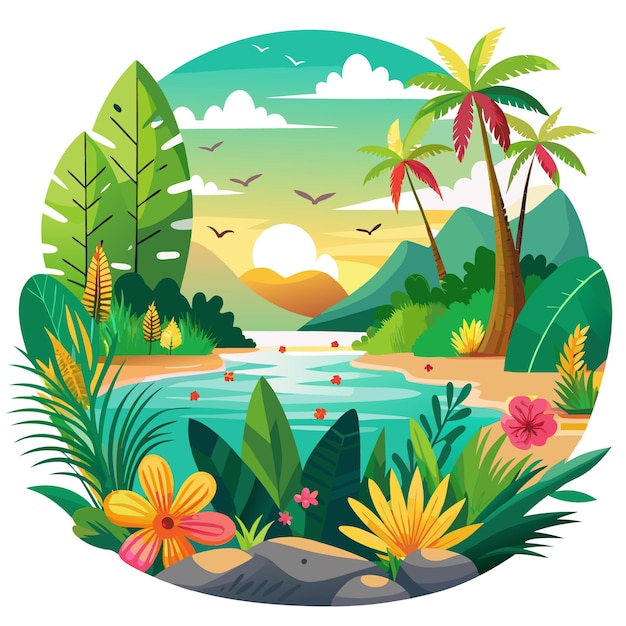 Lush Tropical Landscape with Palm Trees Flowers and a River