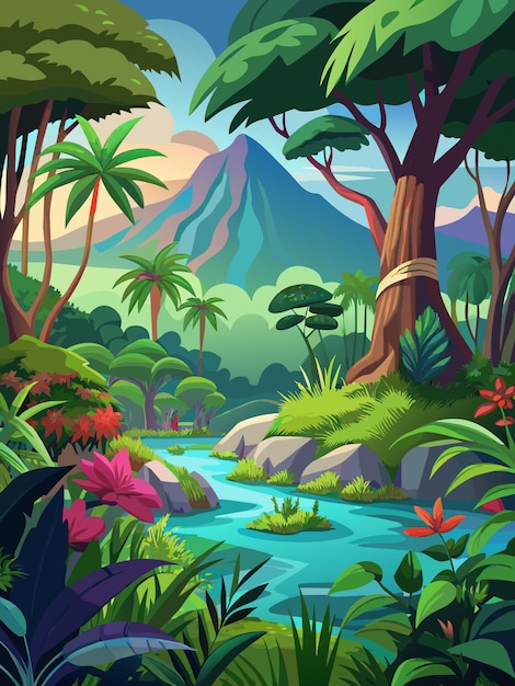 Vector lush tropical landscape with river and mountain