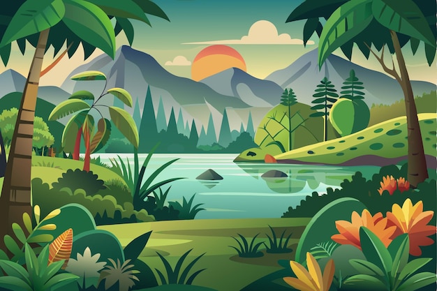 Lush Tropical Landscape with Sunset and Mountain Range