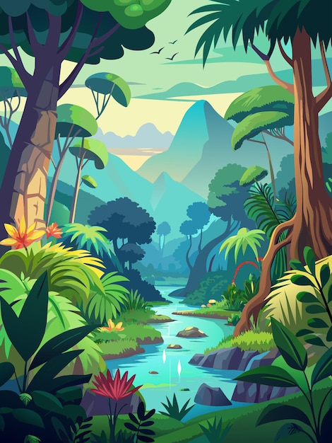 Vector lush tropical rainforest with winding river and mountainous backdrop