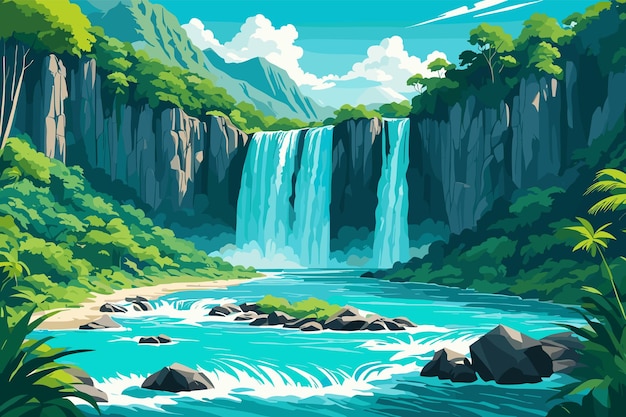 Vector lush waterfall cascading into a turquoise pool