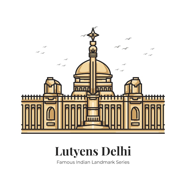 Lutyens Delhi Indian Landmark Iconic Cartoon Illustration