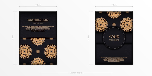 Luxurious black rectangular postcard template with vintage abstract mandala ornament Elegant and classic vector elements ready for print and typography