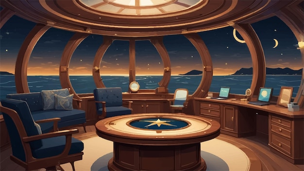 Luxurious Captains Cabin with Wooden Accents Nautical Decor and Ocean View under Starry Night Sky