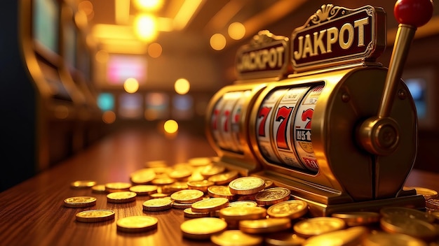 Vector luxurious casino scene with jackpot slot machine and gold coins