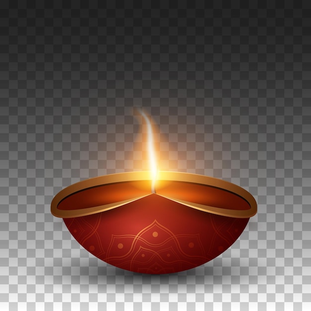 Luxurious Diya lamp with Indian ornament isolated on transparent background for Diwali festival of light Burning flame 3D vector illustration for holiday