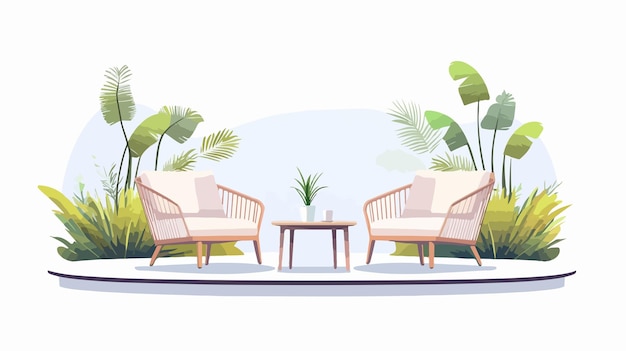 Vector luxurious outdoor furniture set on beautiful terrace overlooking scenic view