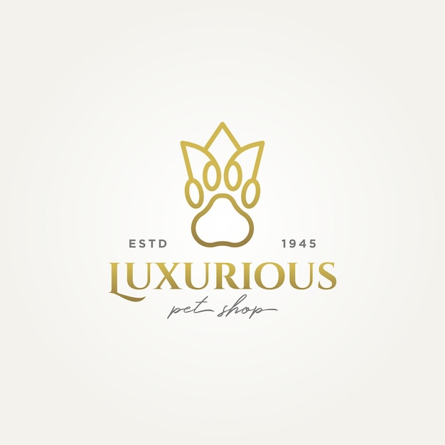 luxurious pet shop minimalist line art logo paw with golden crown simple modern icon logo vector