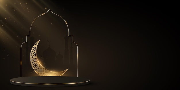 Luxurious podium for Ramadan with arabic frame against the background of the old mosque Glittering golden moon with islamic ornament 3D pedestal for muslim holiday Vector illustration