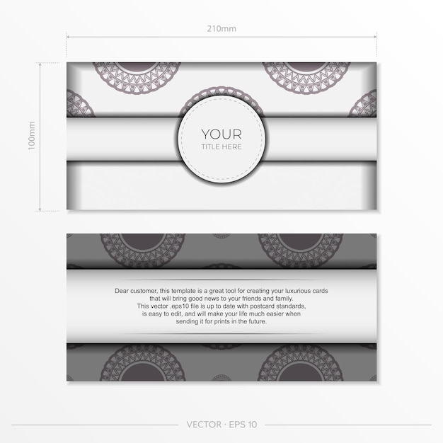 Luxurious Ready-to-Print white postcard design with dark greek patterns. Vector Invitation card template with place for your text and vintage ornaments.