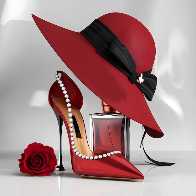 Vector luxurious red accessories and perfume with red rose