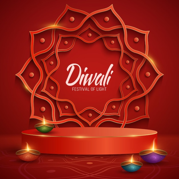 Luxurious red and golden 3d scene with traditional Diya lamps for Diwali festival of light Podium for display your brands Paper cut style Indian ornament on the background Vector