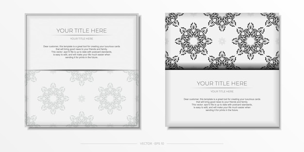 Luxurious white square postcard template with vintage abstract mandala ornament. 