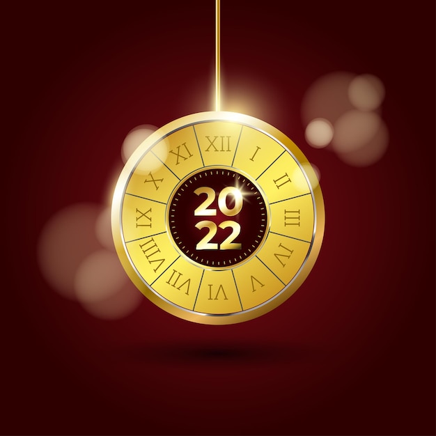 Luxury 2022 Happy New Year elegant design with glowing golden old clock on dark red background