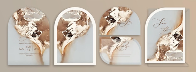 Luxury arch wedding invitation card set with watercolor waves marble or fluid art in alcohol ink