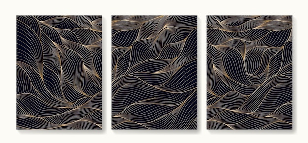 Luxury art background of three posters with a pattern of golden geometric lines for interior decoration of textiles and web.