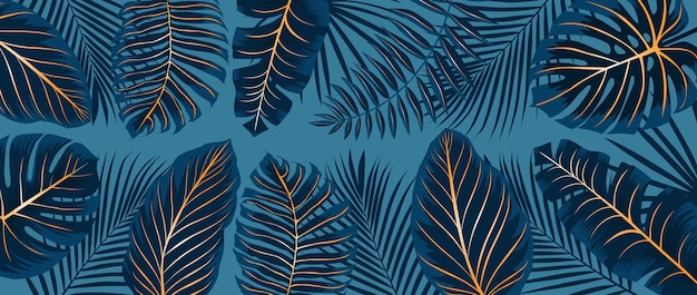 Luxury background. Tropical leaves dark blue with gold. Vector illustration.