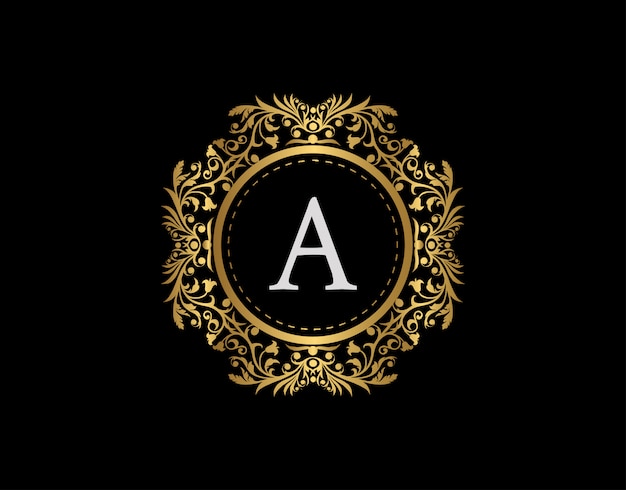 Luxury Badge Letter A Logo. Luxury gold calligraphic emblem with beautiful classic floral ornament. Classy Frame design Vector illustration.