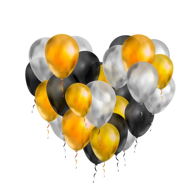 Luxury balloons in gold, silver and black colours in heart shape isolated on white