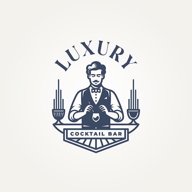 Vector luxury bar and eatery with bartender making cocktail label logo vector illustration design