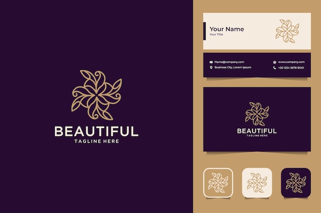 Luxury beautiful line art flower logo design and business card