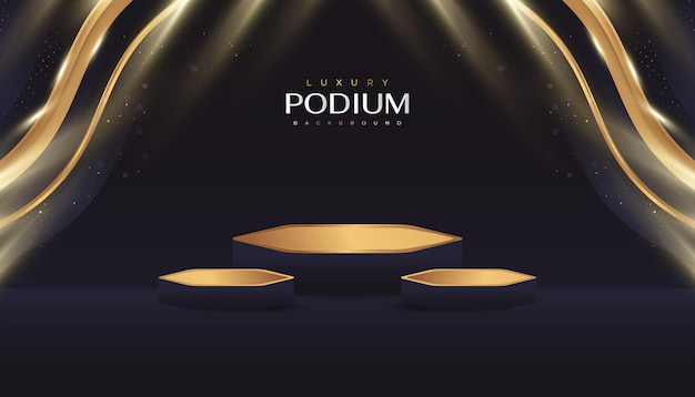 Luxury Black and Gold Background with 3D Podium and Golden Light for Product Display