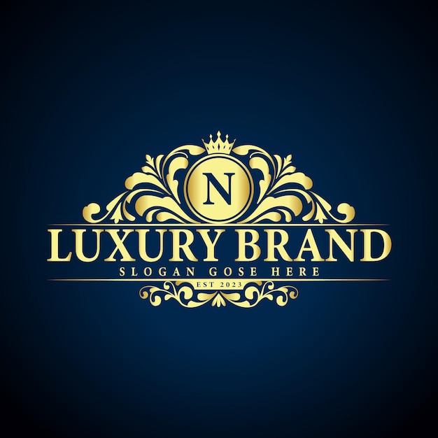 Luxury brand n logo design, letter n ornamental logo concept with golden crown