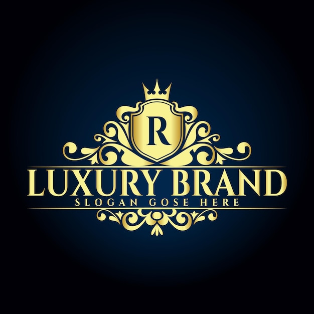 Luxury brand r logo design, letter r ornamental logo concept with golden crown