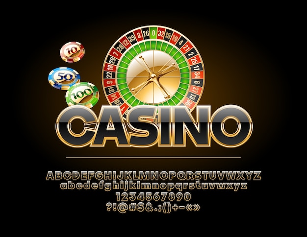 Luxury Casino Emblem with roulette wheel and chips. Set of royal Golden and Black Alphabet