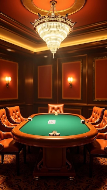 Luxury casino poker table with chandelier and leather chairs