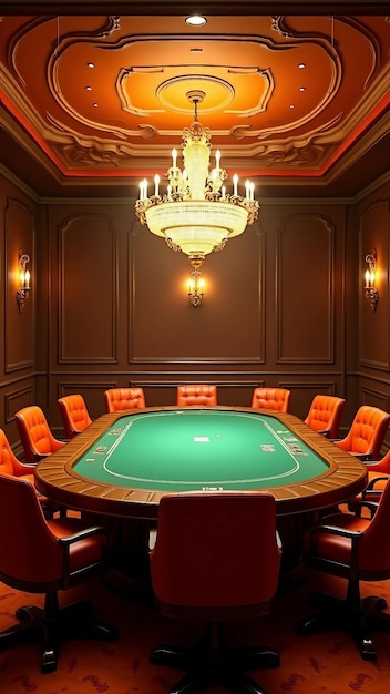 Luxury casino poker table with chandelier and leather chairs