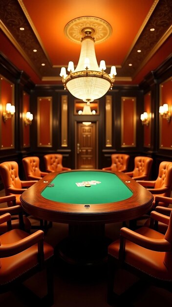 Luxury casino poker table with chandelier and leather chairs