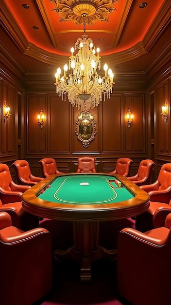 Vector luxury casino poker table with chandelier and leather chairs