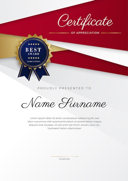 Luxury certificate of appreciation template with red and gold color multipurpose certificate border with badge design Elegant red and gold diploma certificate template