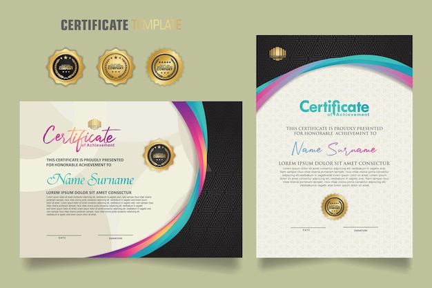 Luxury certificate template with dynamic and attractive colors on curved line